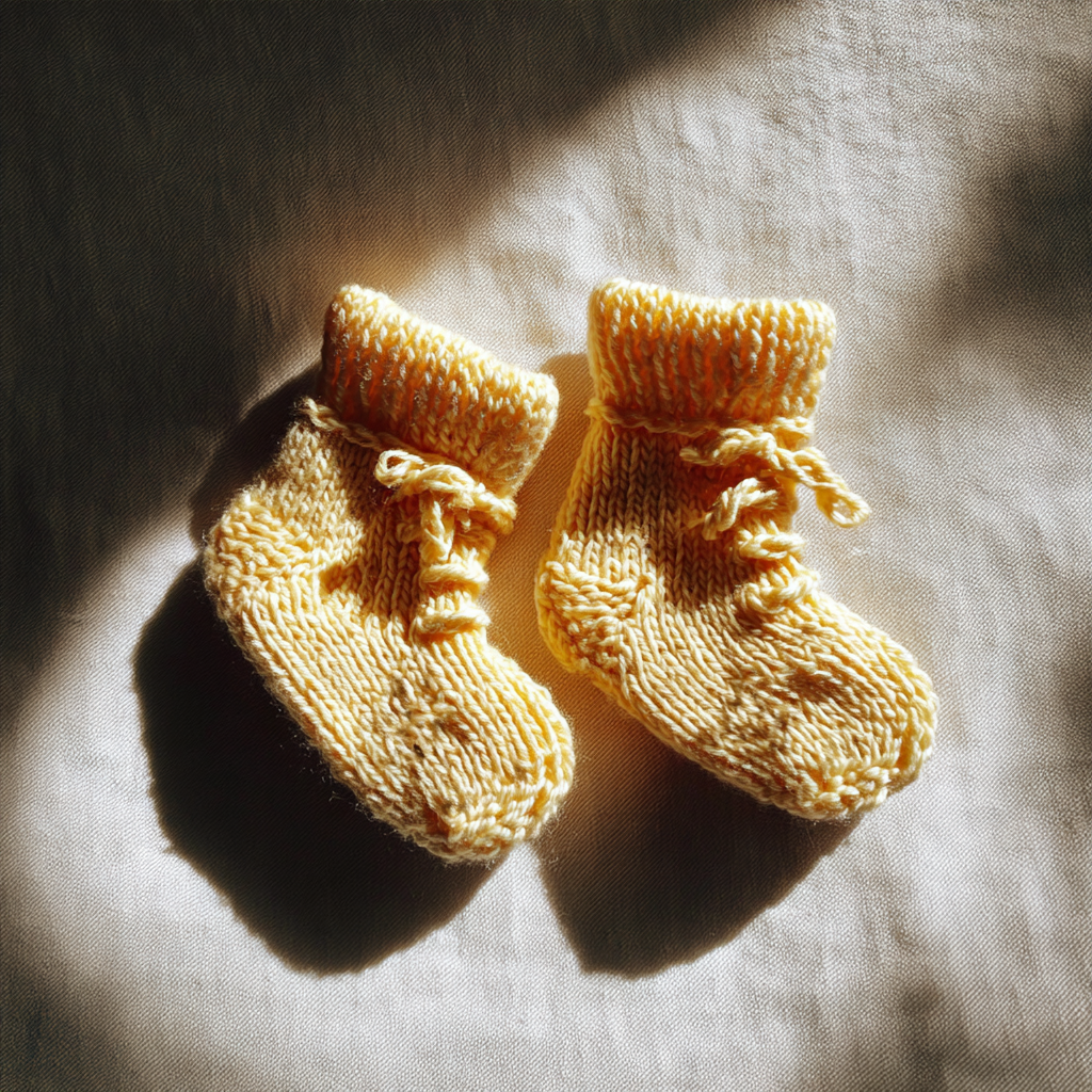 Une paire de chaussettes jaunes crochetées pour nouveau-né | Source : Midjourney