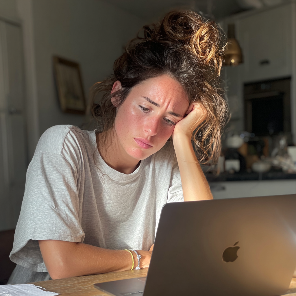 Une femme épuisée utilisant son ordinateur portable | Source : Midjourney