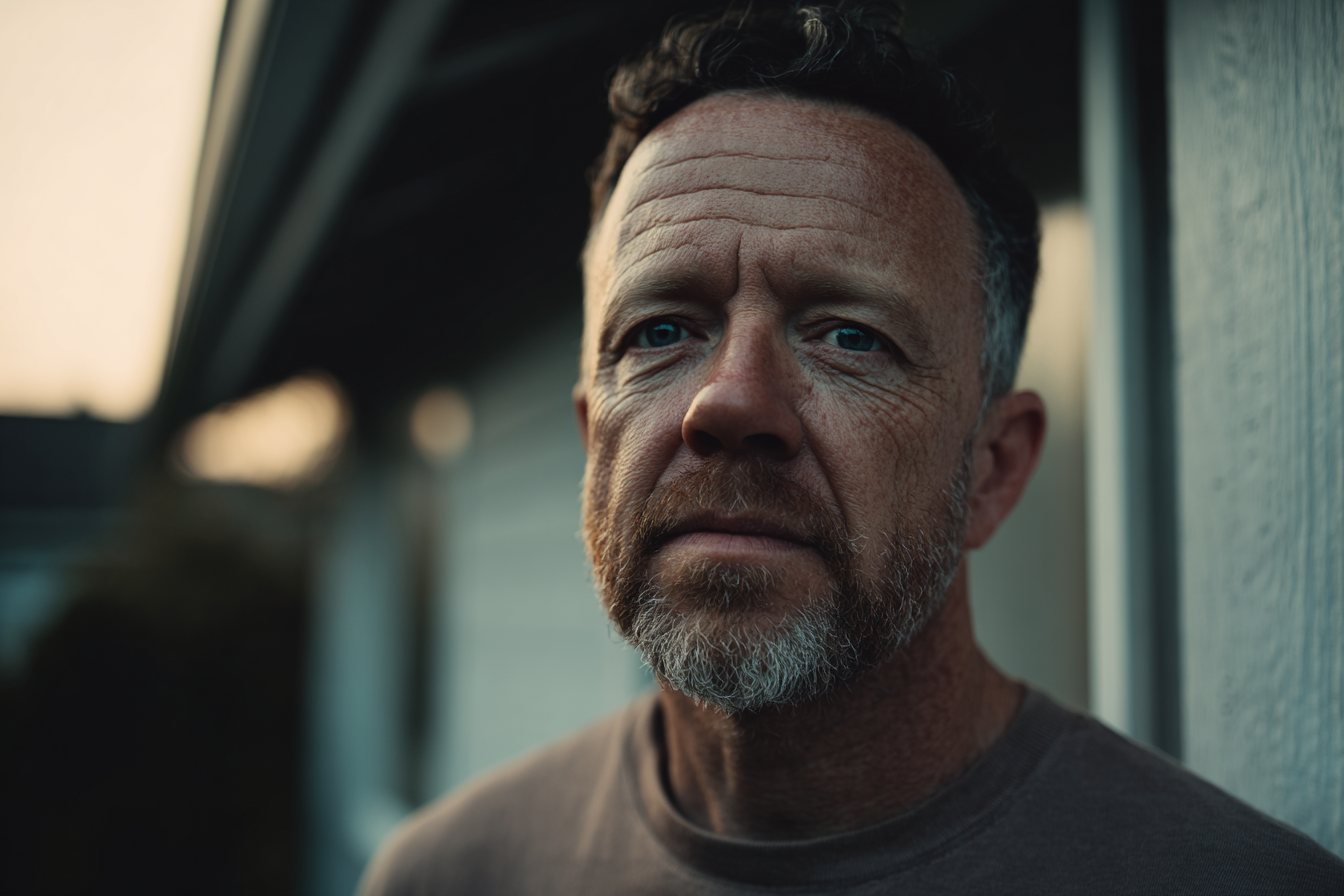 Un homme debout devant sa maison | Source : Midjourney