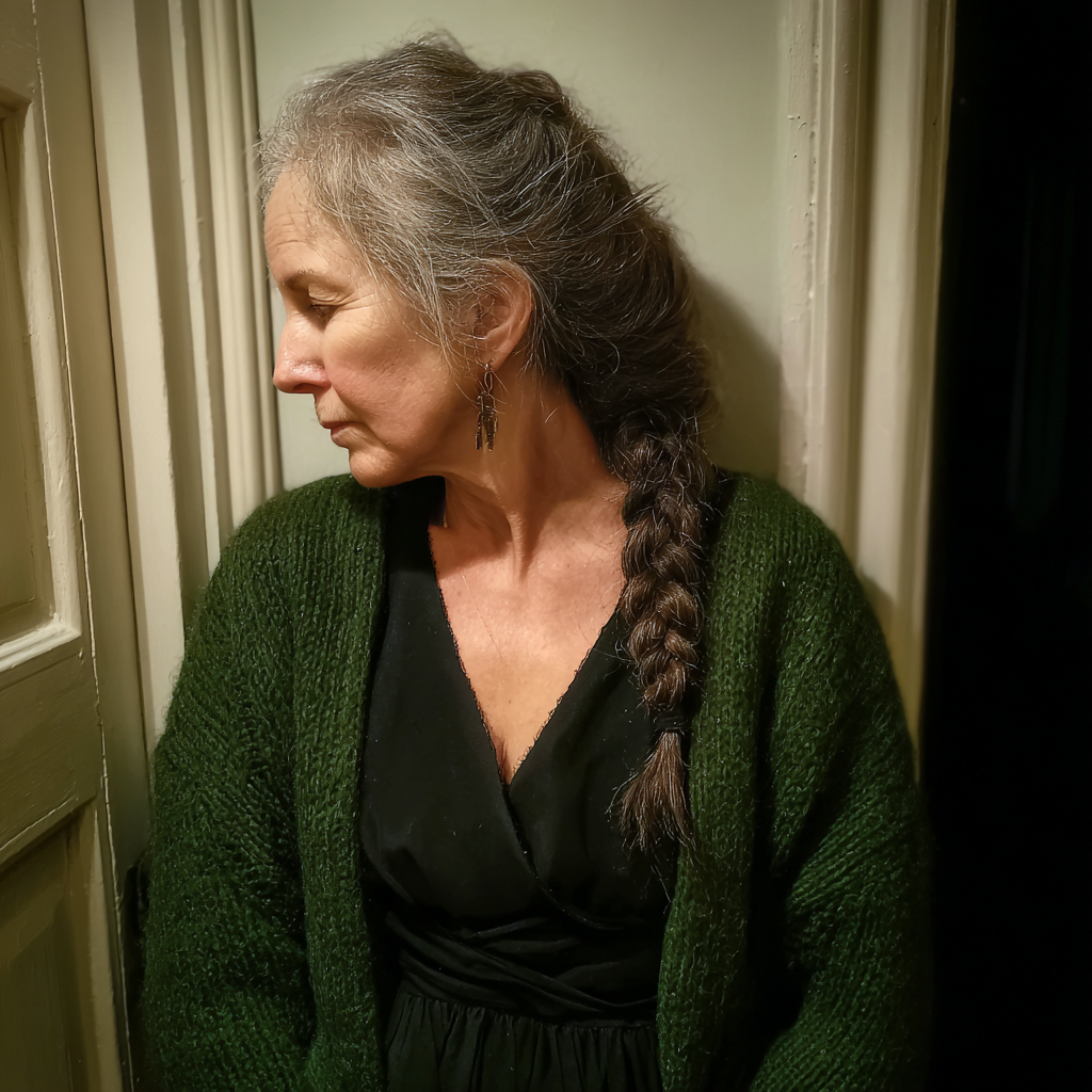 Une femme âgée pensive adossée à un mur | Source : Midjourney