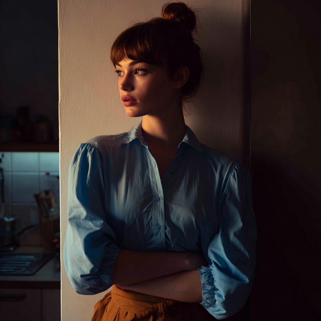 Une femme adossée à un mur | Source : Midjourney