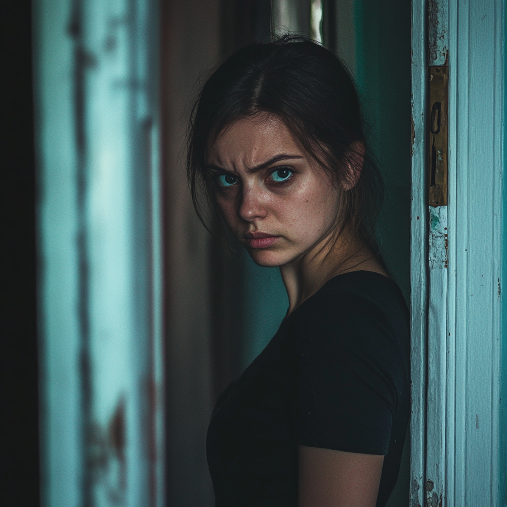 Une femme en colère debout dans l'embrasure de sa porte | Source : Midjourney