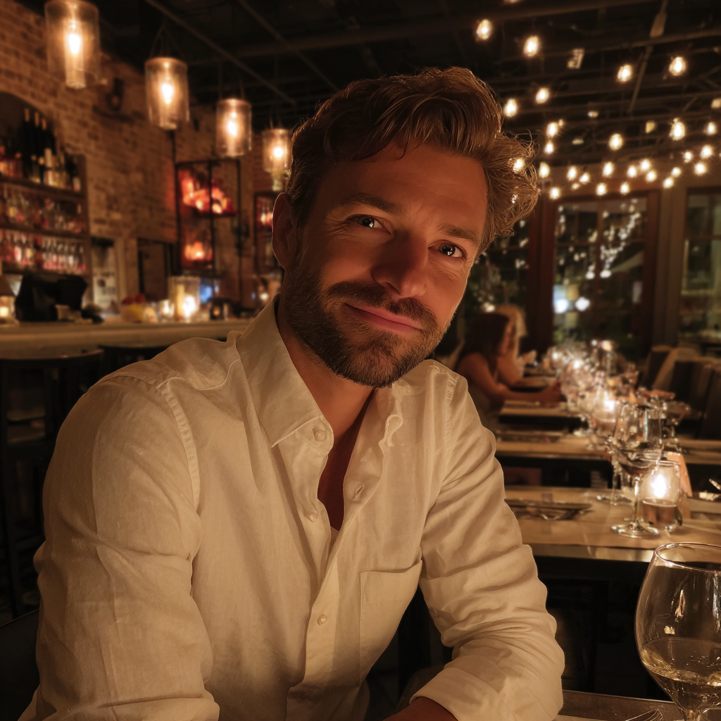 Un homme souriant assis dans un restaurant | Source : Midjourney
