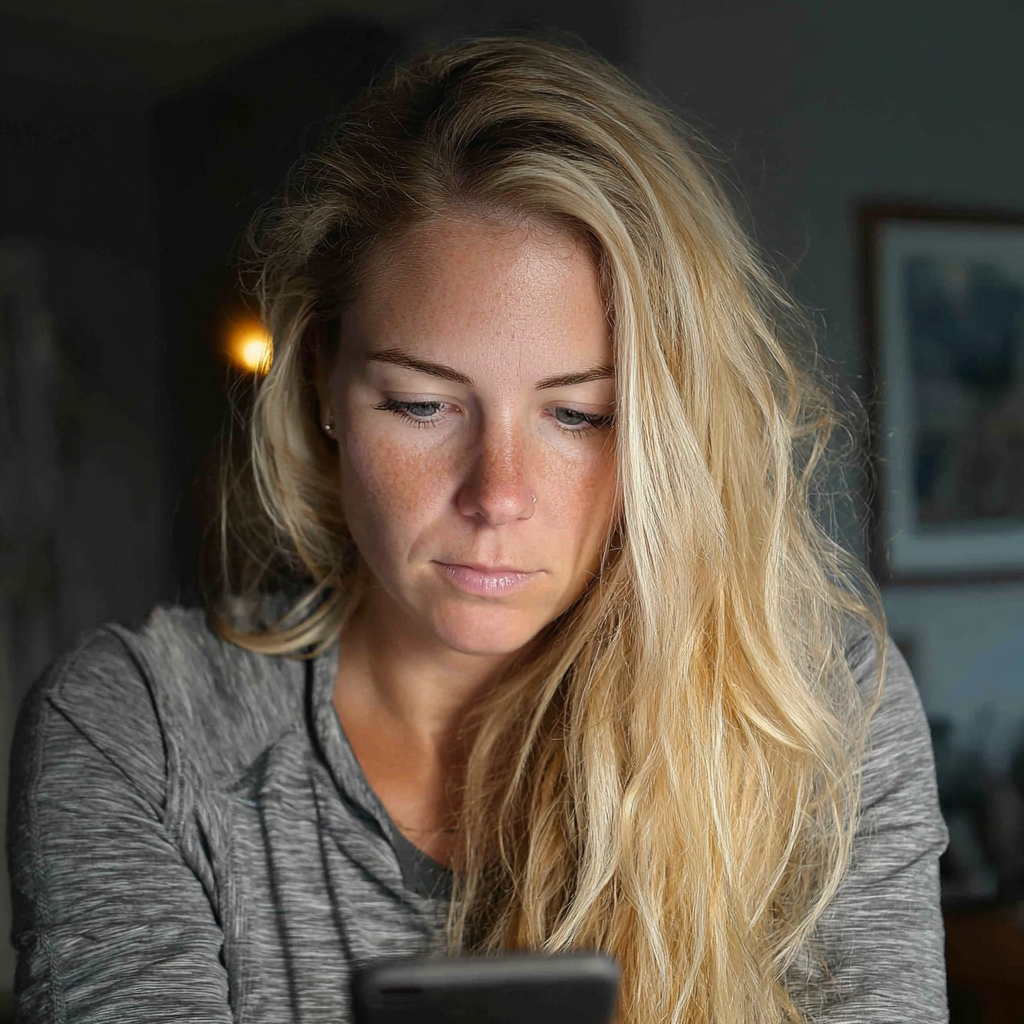 Une femme inquiète utilisant son téléphone portable | Source : Midjourney