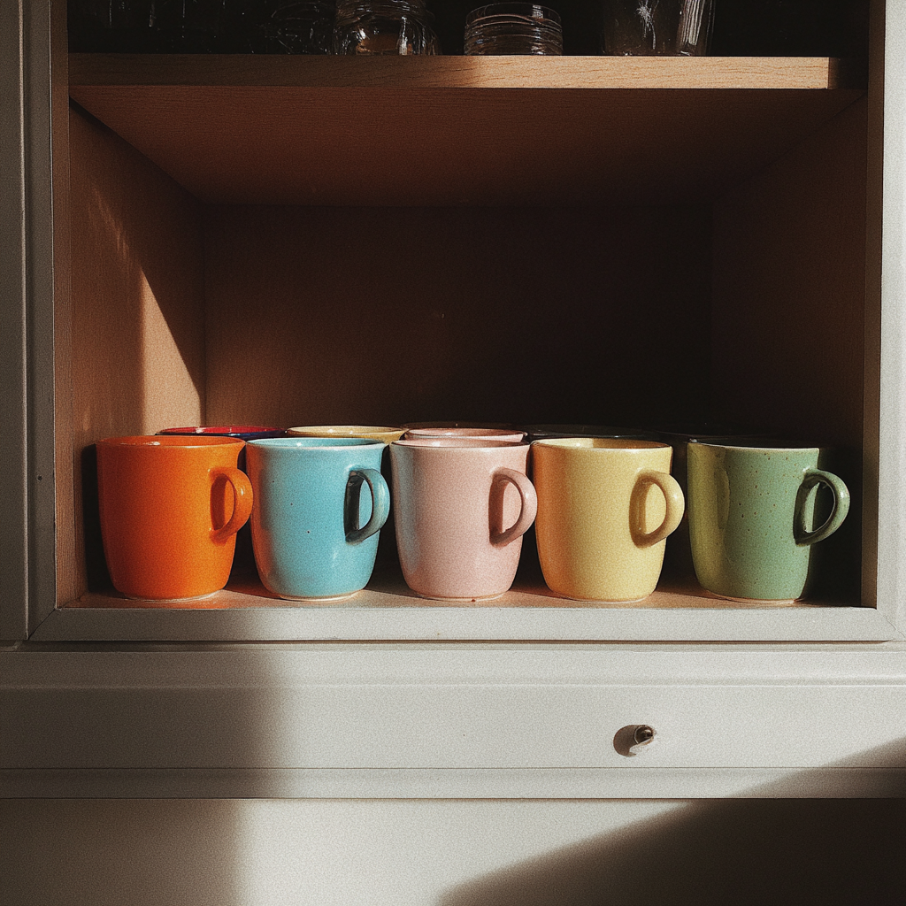 Une rangée de tasses colorées dans un placard | Source : Midjourney