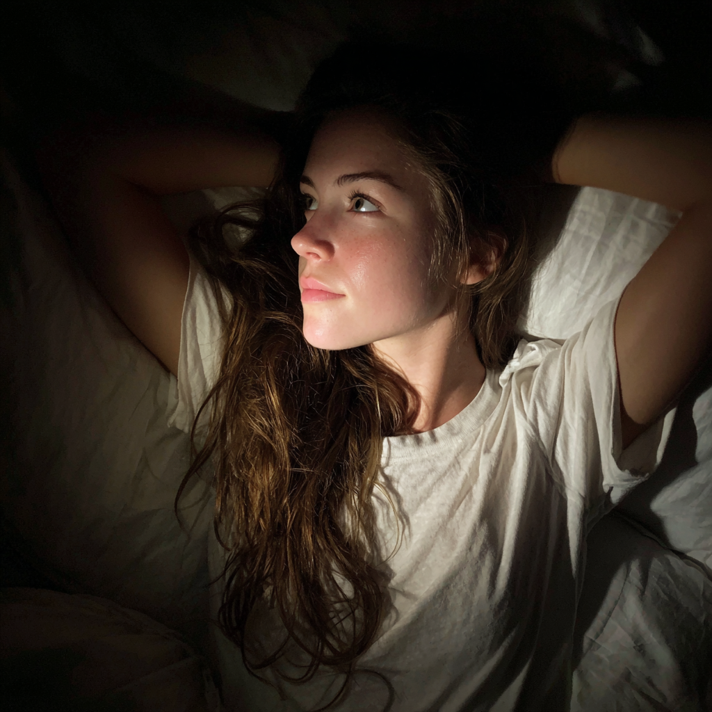 Une femme pensive allongée dans son lit | Source : Midjourney
