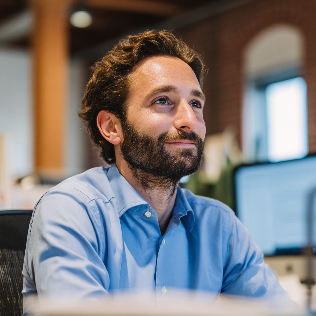 Un homme souriant assis dans un bureau | Source : Midjourney
