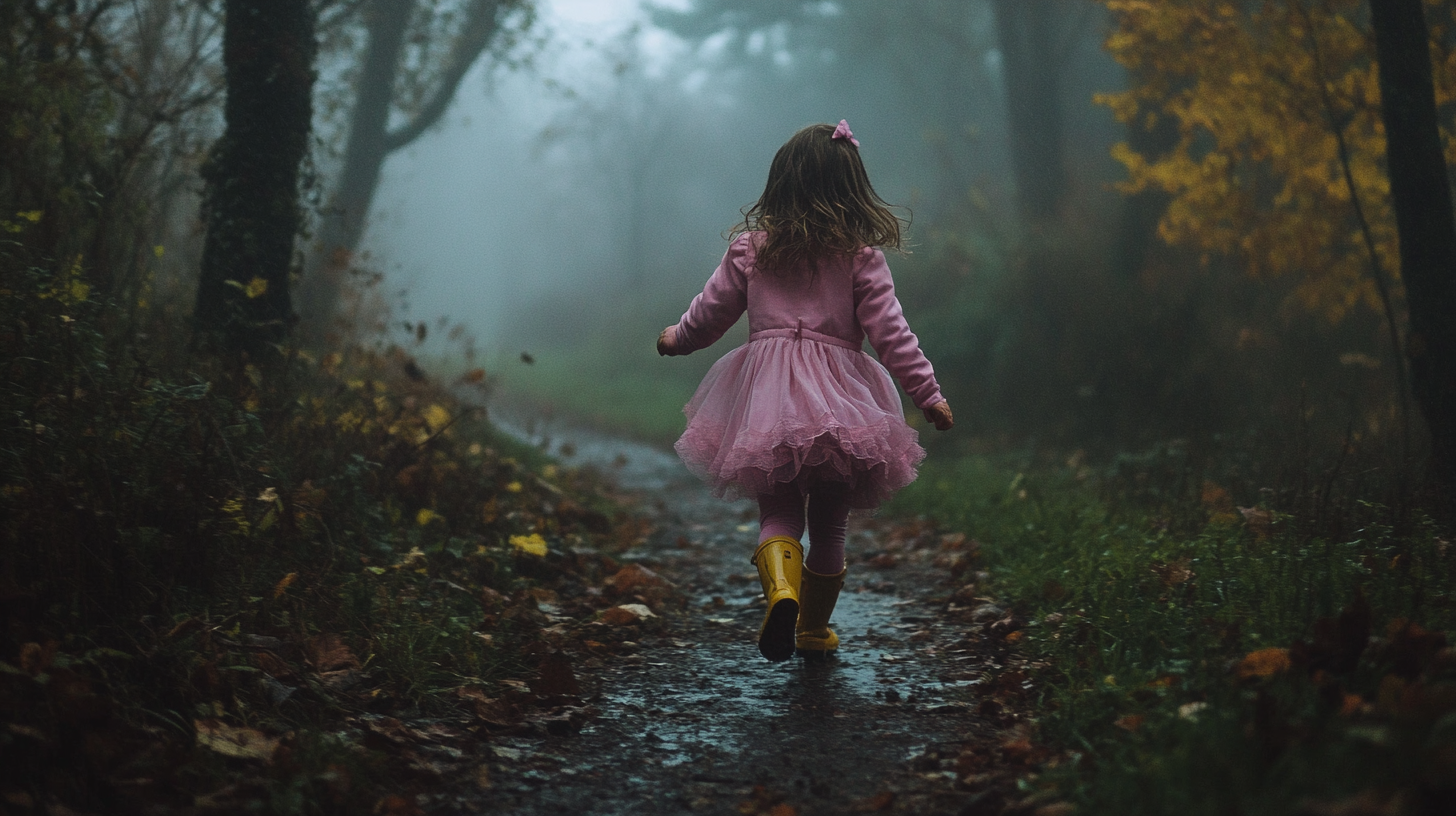 Petite fille s'enfuyant dans la forêt | Source : Midjourney