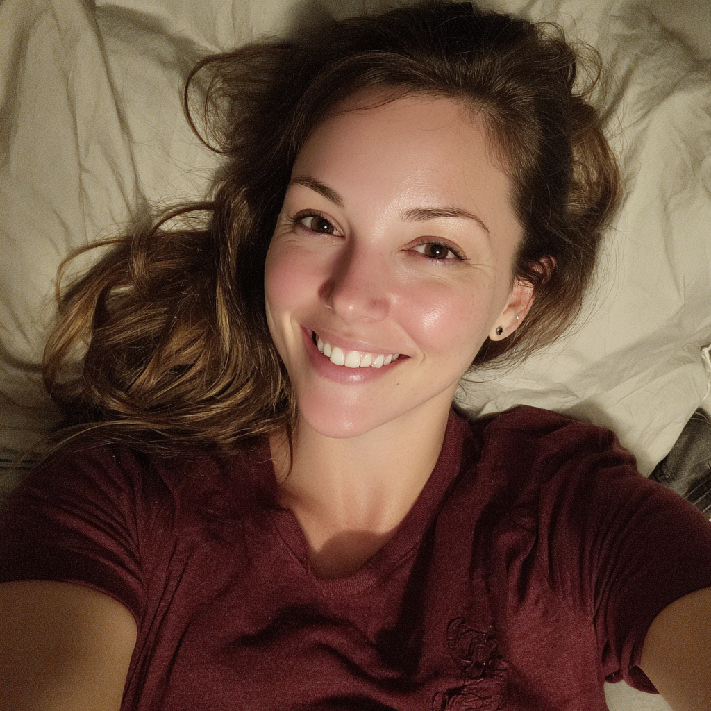 Une femme souriante allongée dans son lit | Source : Midjourney
