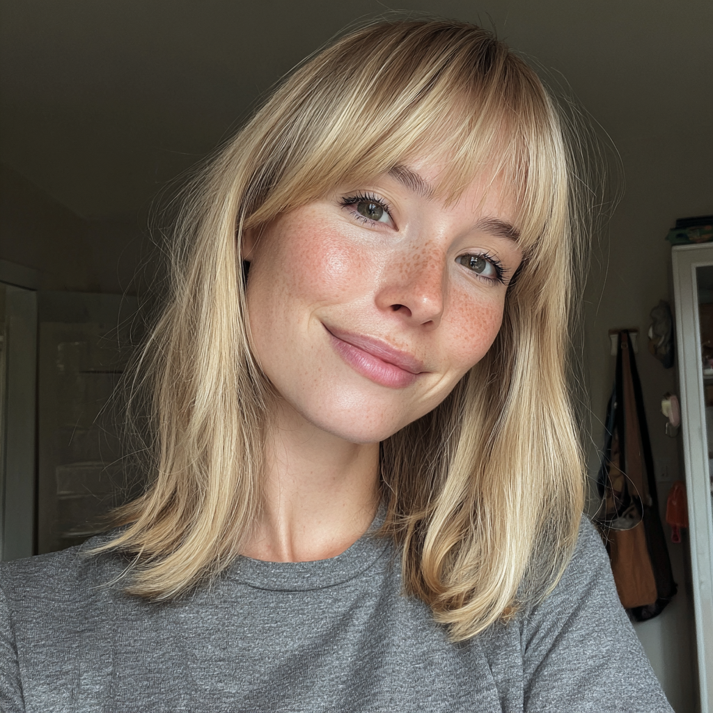 Une femme souriante portant un t-shirt gris | Source : Midjourney