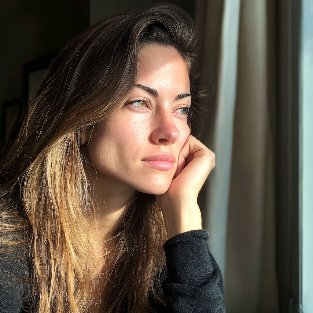 Une femme pensive qui regarde par la fenêtre | Source : Midjourney