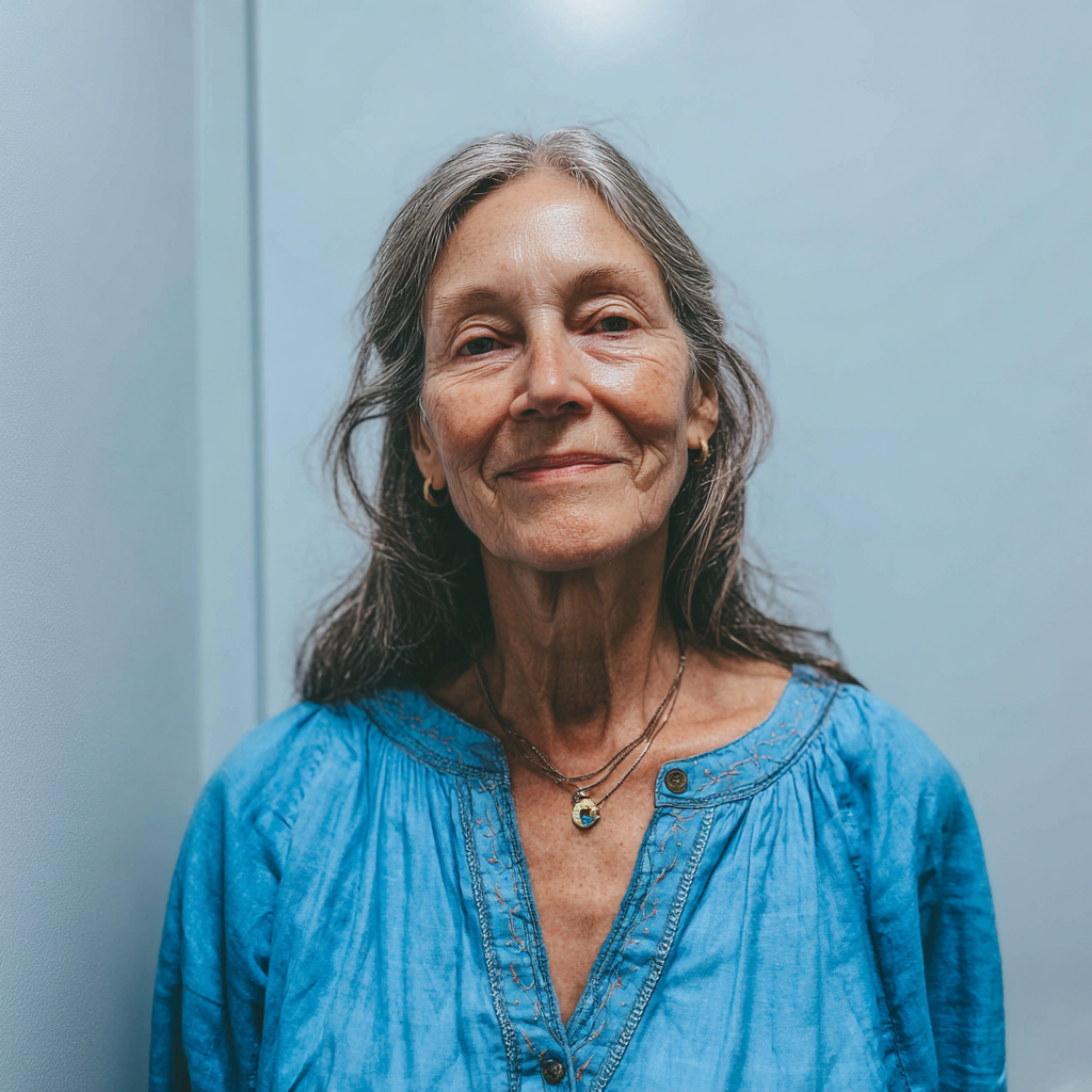 Une femme âgée souriante portant un chemisier bleu | Source : Midjourney