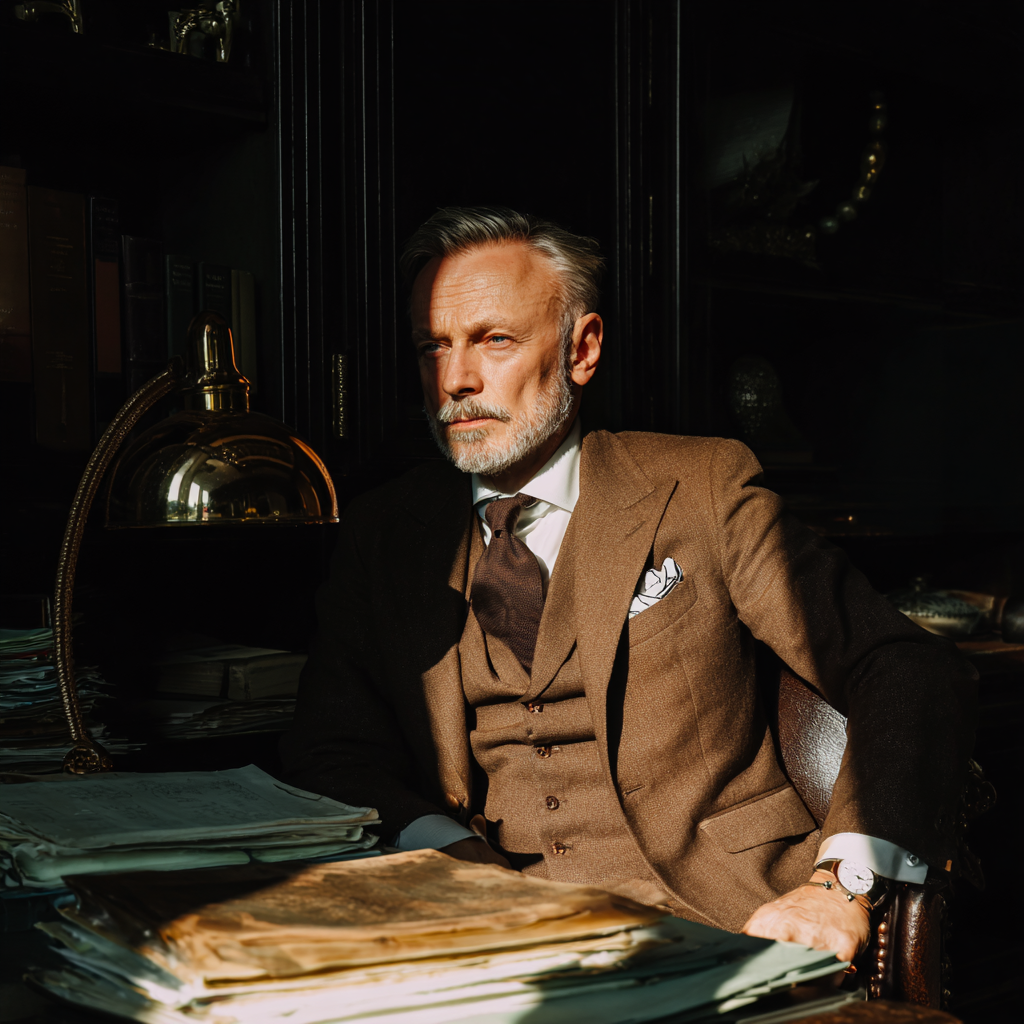 Un homme d’un certain âge assis derrière un bureau | Source : Midjourney
