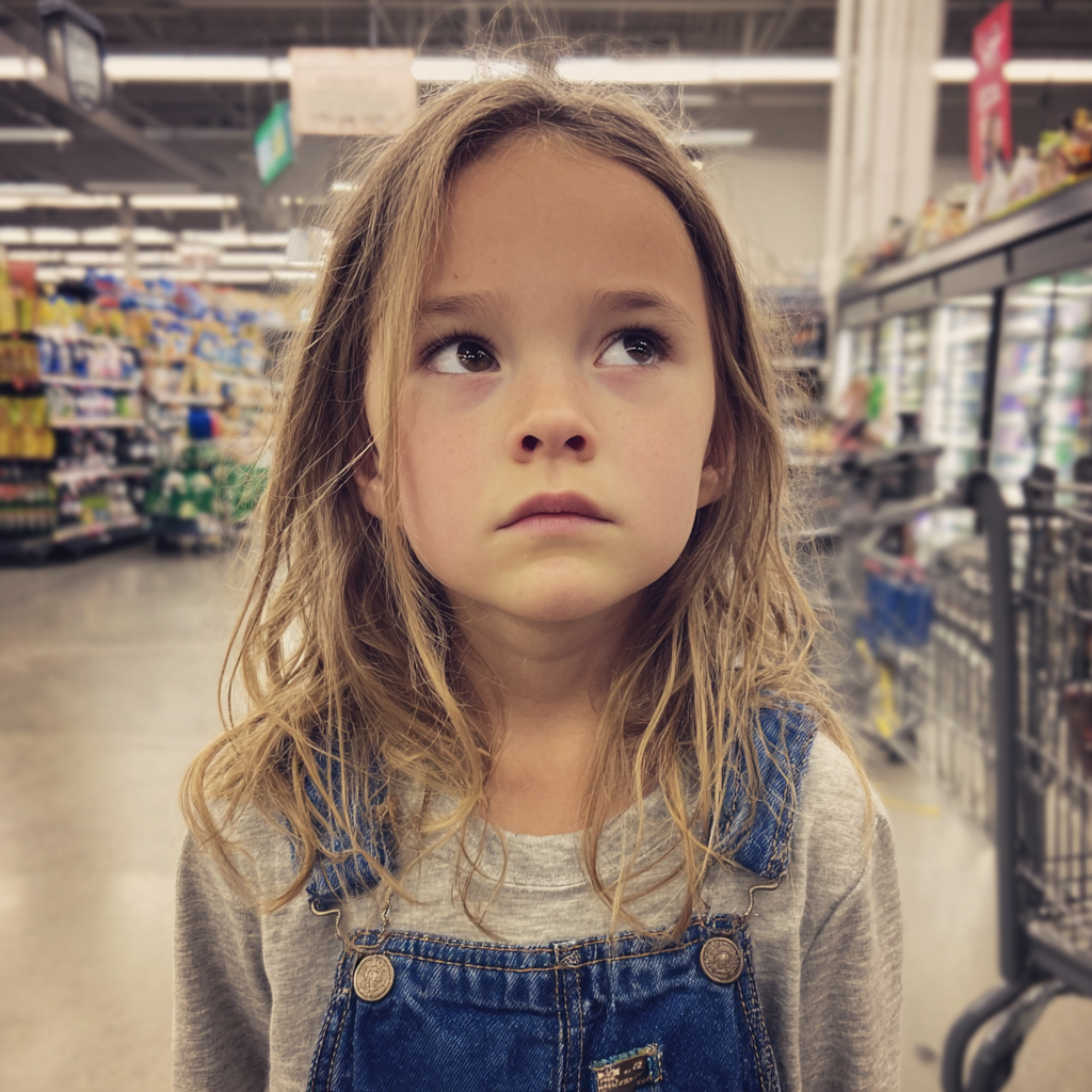 Une petite fille inquiète se tenant dans une épicerie | Source : Midjourney