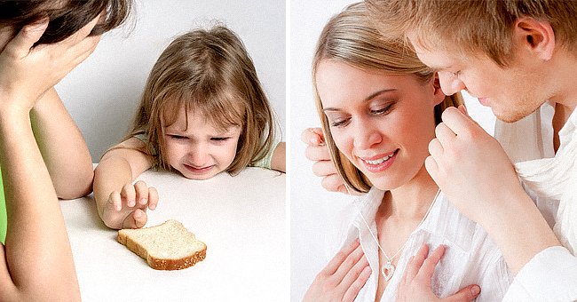 Une enfant malheureuse avec sa mère qui lui tend une tranche de pain et un couple heureux. I Source : Shutterstock