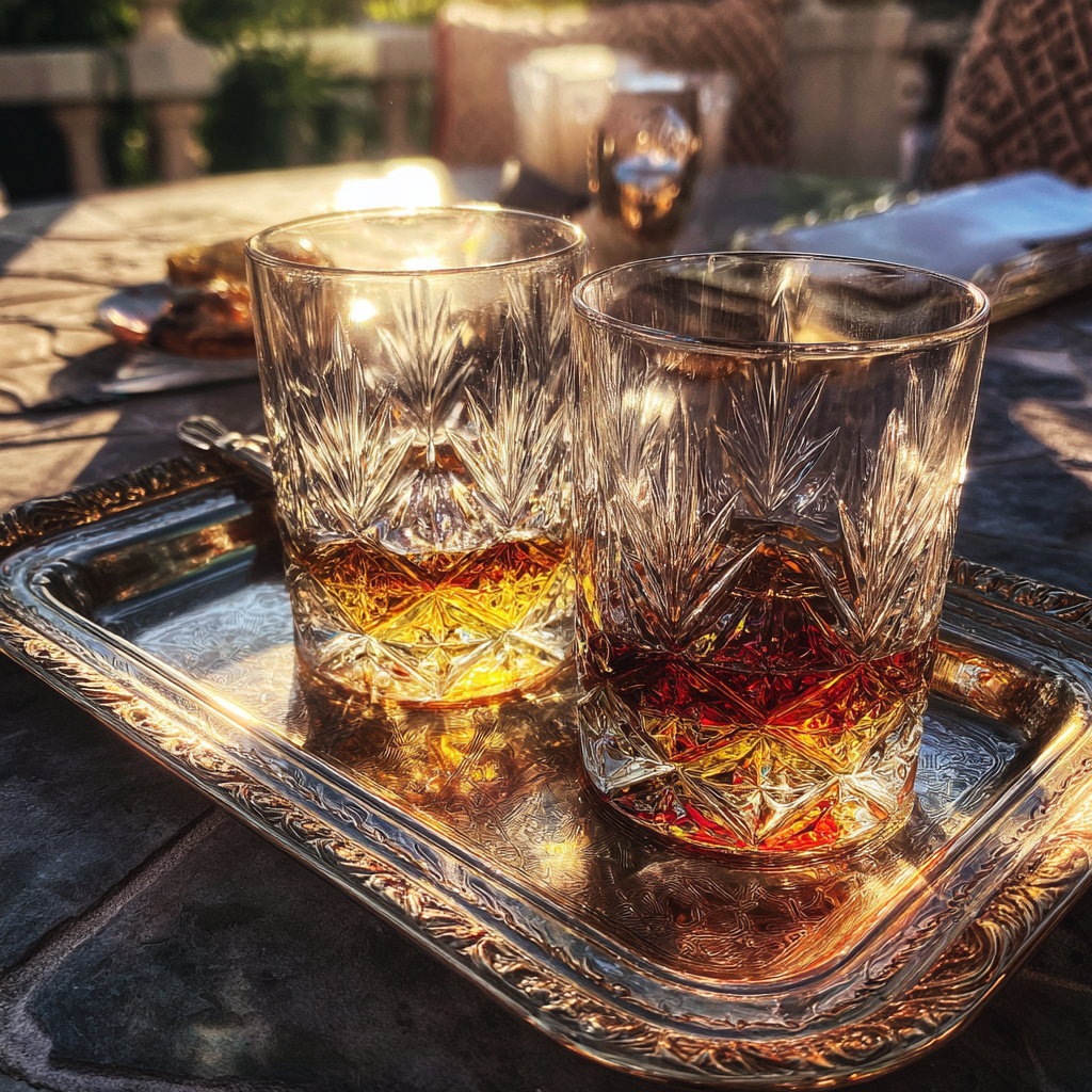 Des verres de whisky sur un plateau d'argent | Source : Midjourney