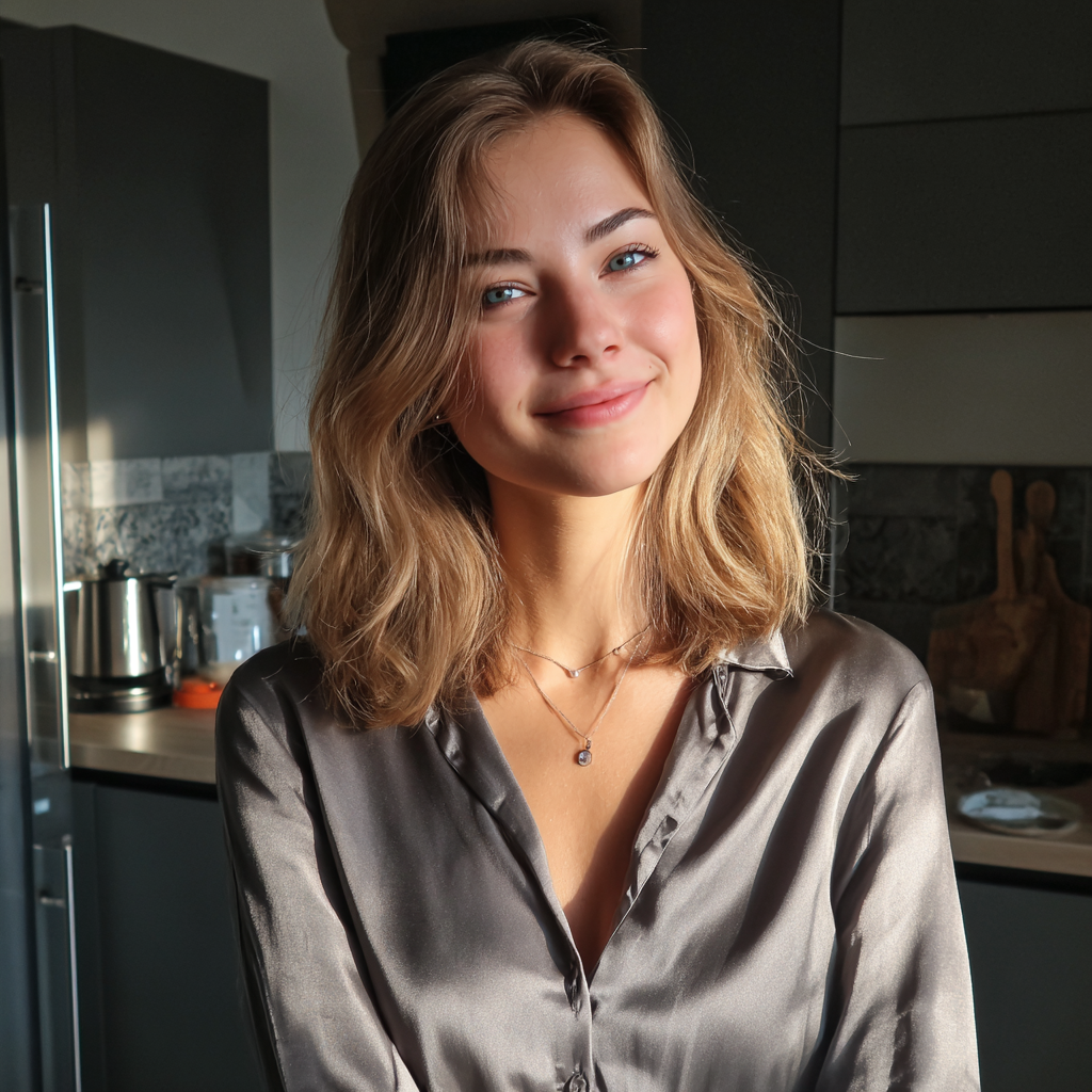 Une femme souriante portant un chemisier en soie | Source : Midjourney