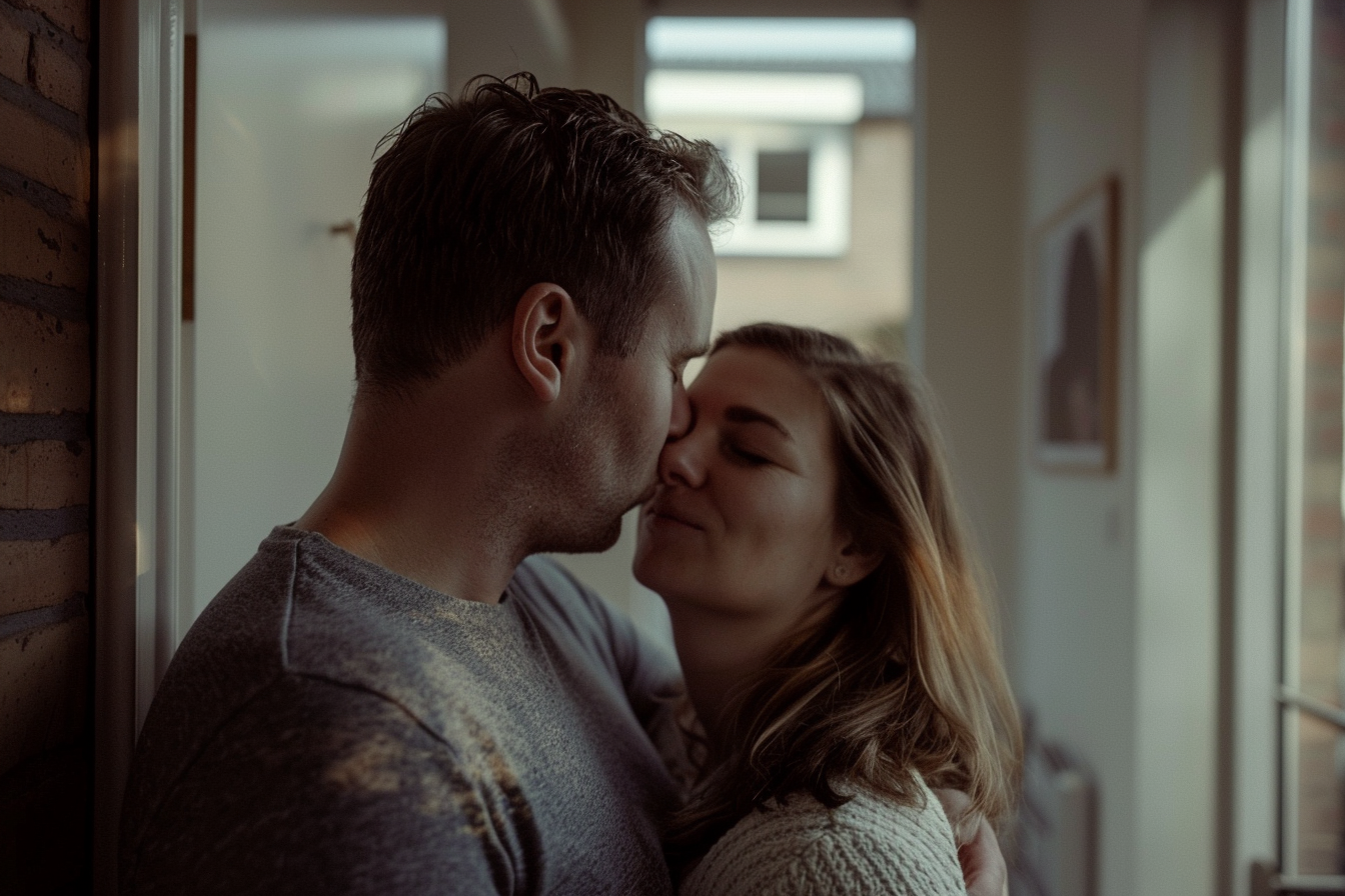 Un homme qui embrasse sa femme pour lui dire au revoir | Source : Midjourney