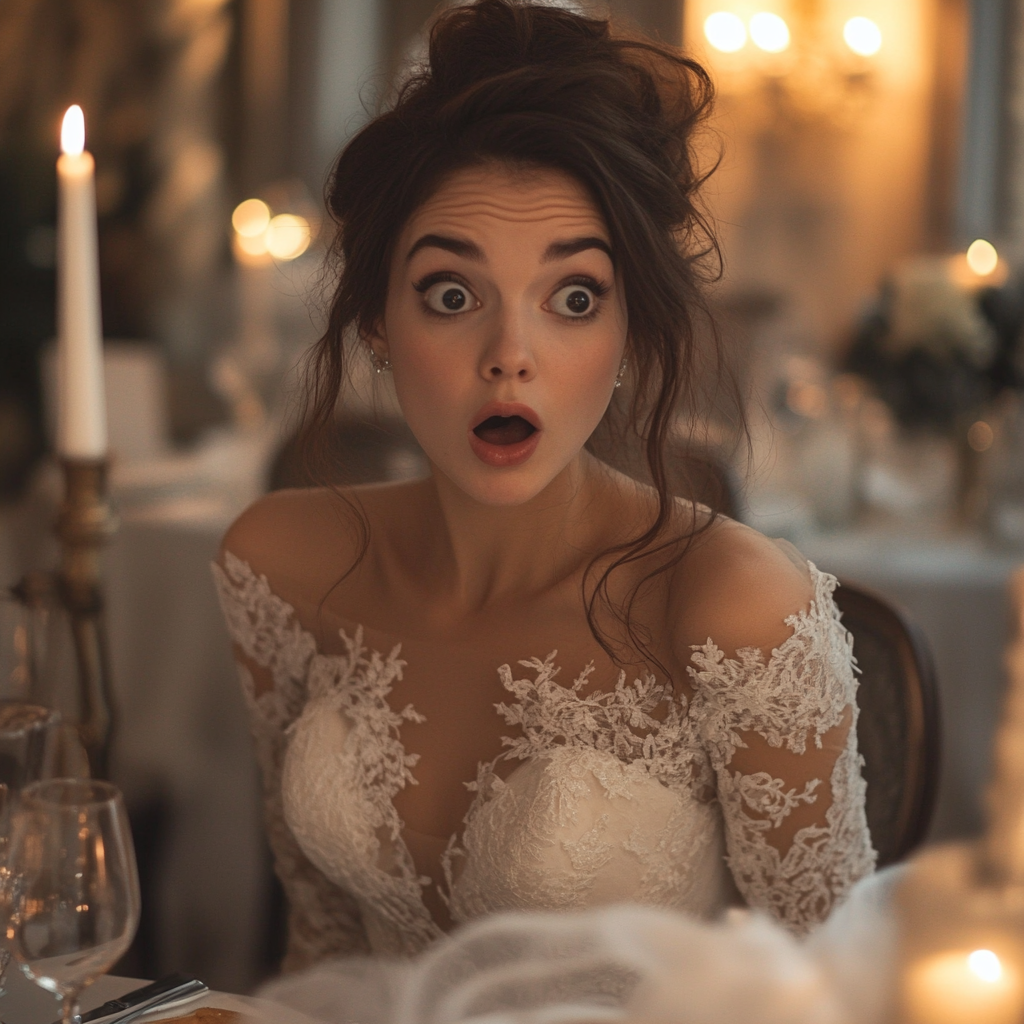 Une mariée choquée assise à une table | Source : Midjourney