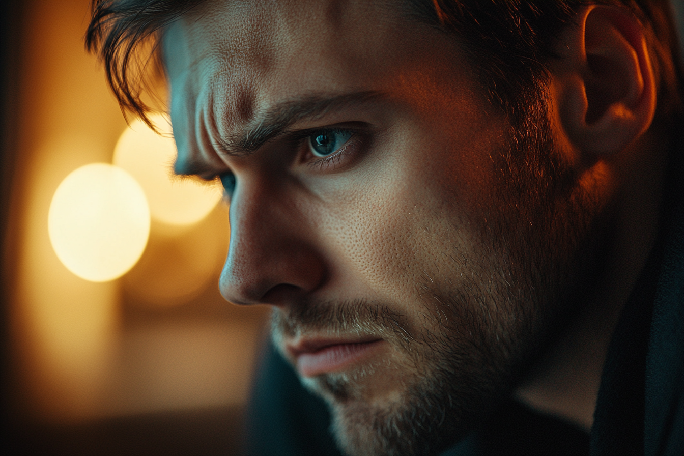 Gros plan d'un homme avec un regard plein de remords sur son visage | Source : Midjourney