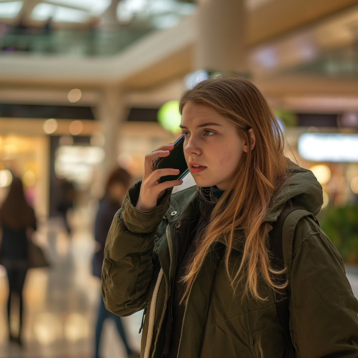 Une jeune femme inquiète parlant au téléphone dans un centre commercial | Source : Midjourney