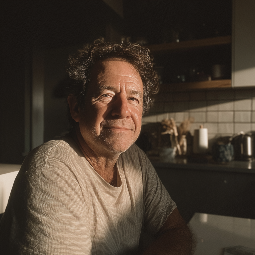 Un homme souriant assis à une table de cuisine | Source : Midjourney