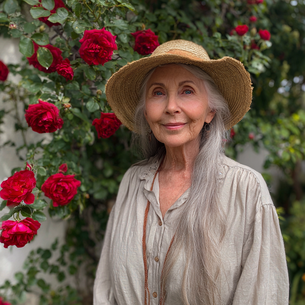 Une vieille femme souriante debout dans son jardin | Source : Midjourney