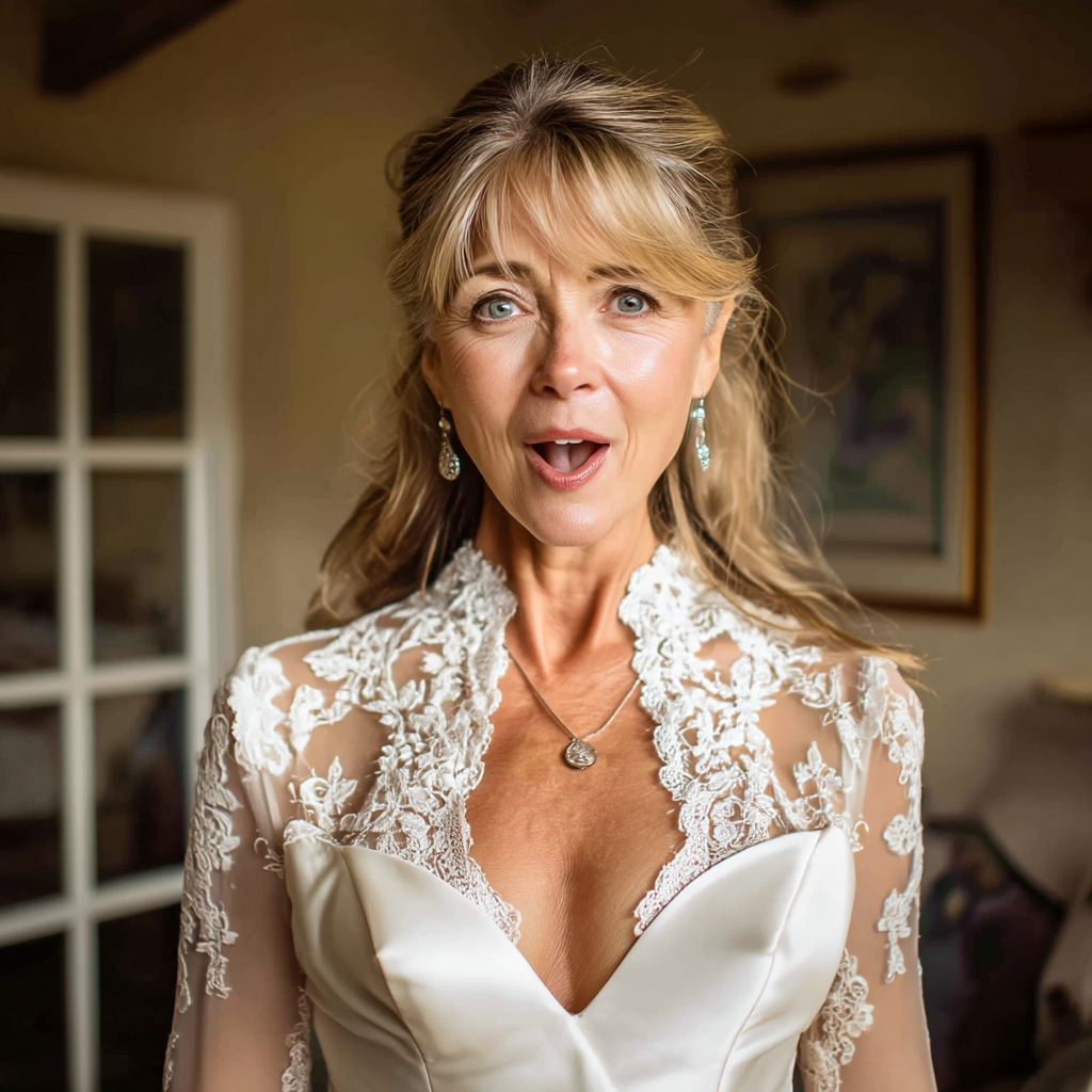 Une femme surprise dans une robe de mariée | Source : Midjourney