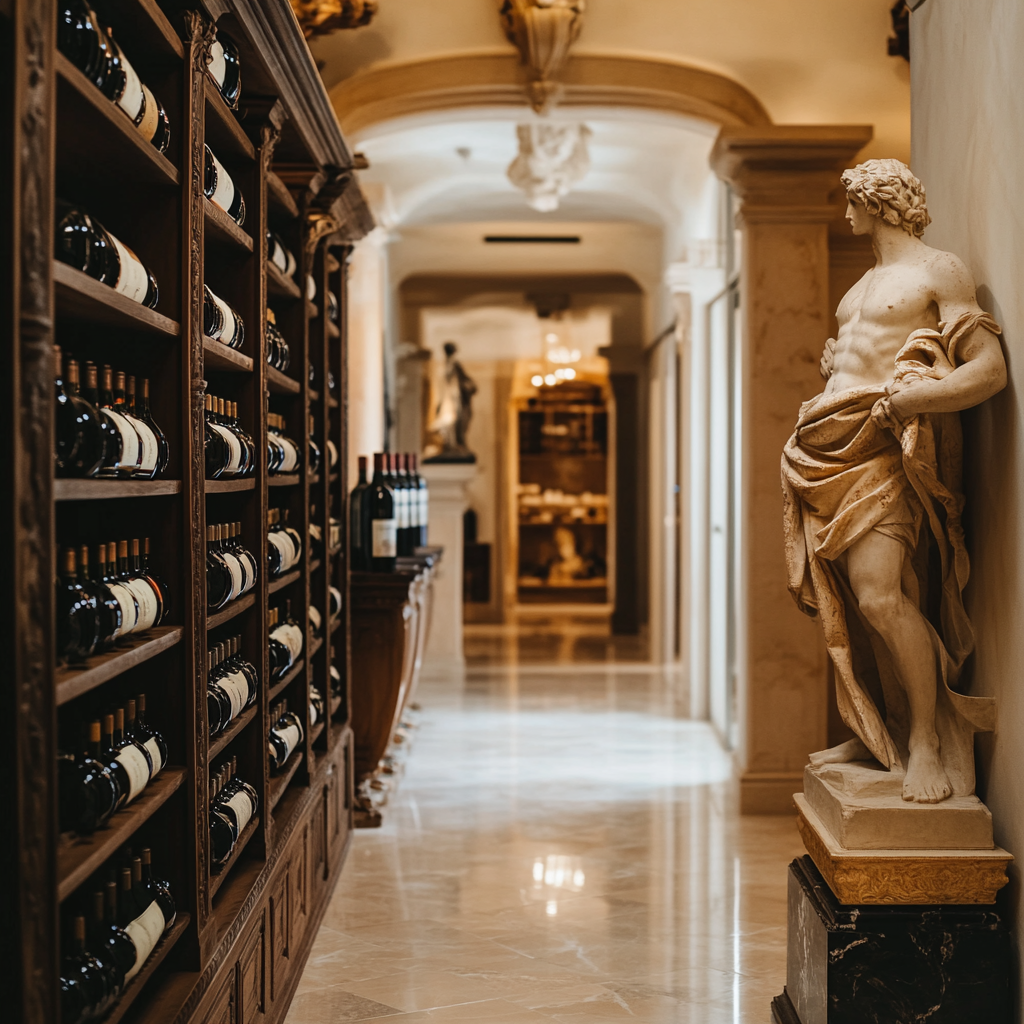 L'intérieur d'une maison de luxe avec une cave à vin et une statue de marbre dans le hall d'entrée | Source : Midjourney