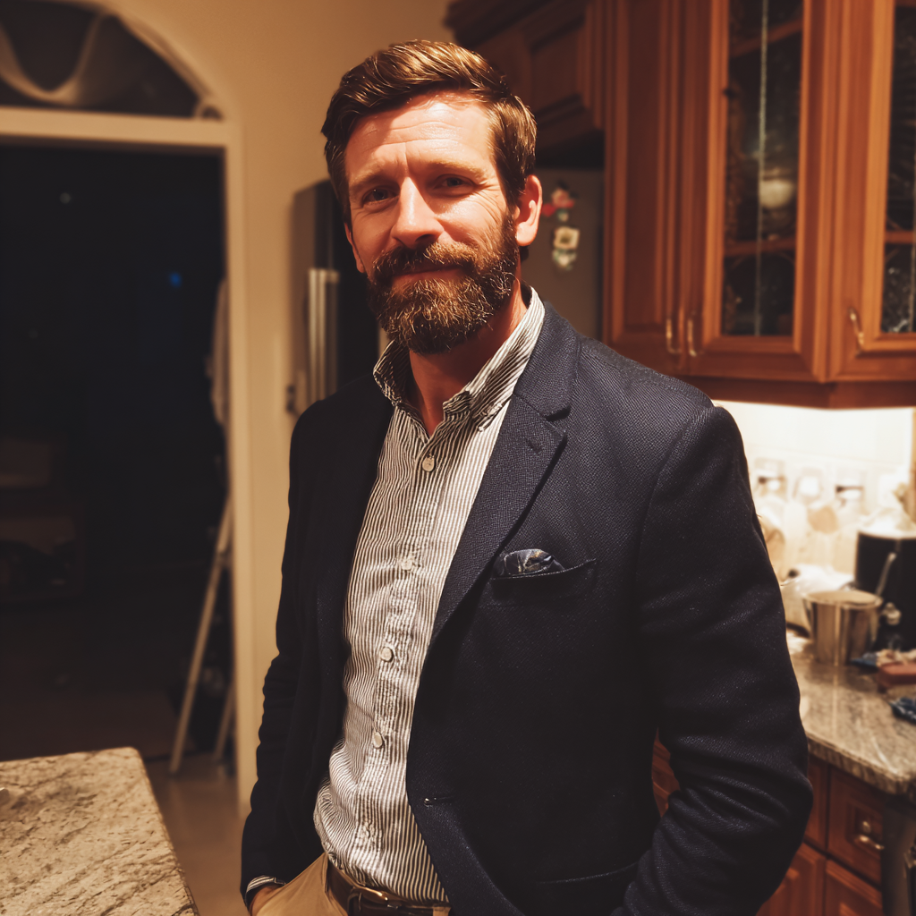 Un homme souriant portant un blazer bleu marine | Source : Midjourney