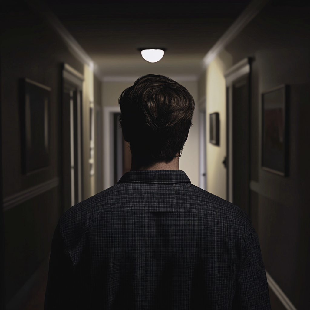 Un homme debout dans un couloir la nuit | Source : Midjourney
