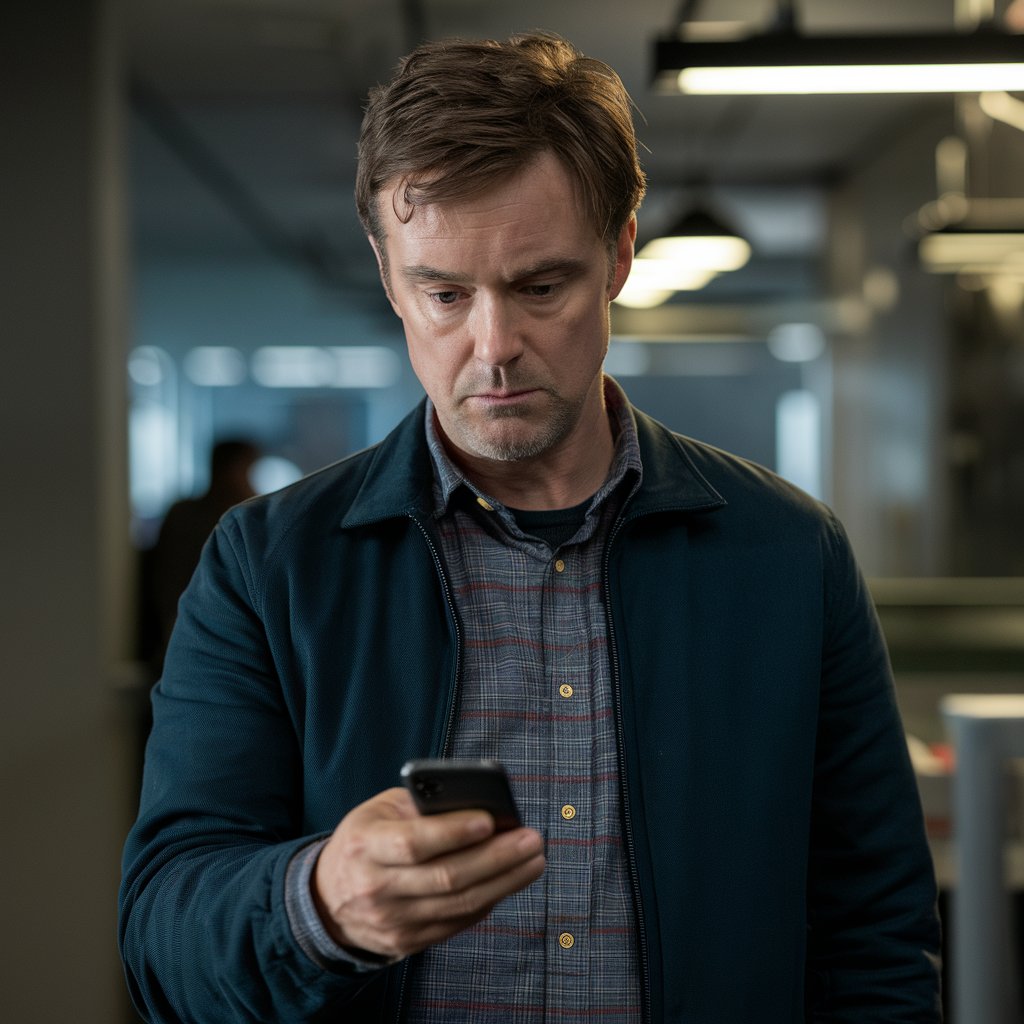 Un homme fixant un téléphone portable dans sa main | Source : Midjourney