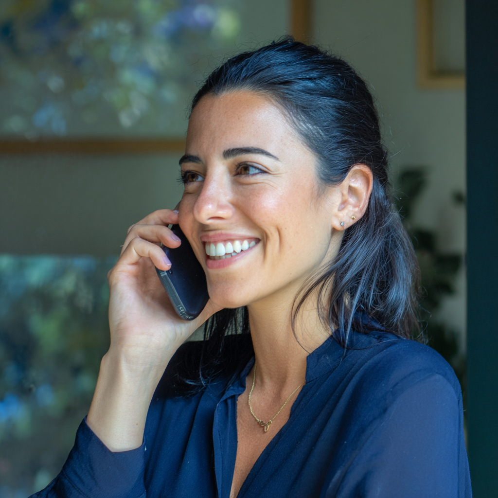 Une femme souriante qui parle au téléphone | Source : Midjourney