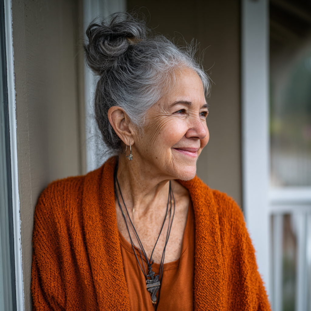 Une femme souriante avec un gilet orange | Source : Midjourney