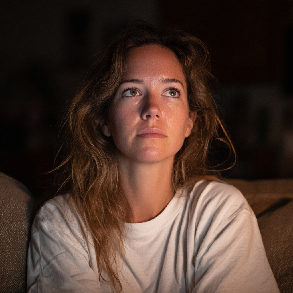Une femme pensive assise sur un canapé | Source : Midjourney