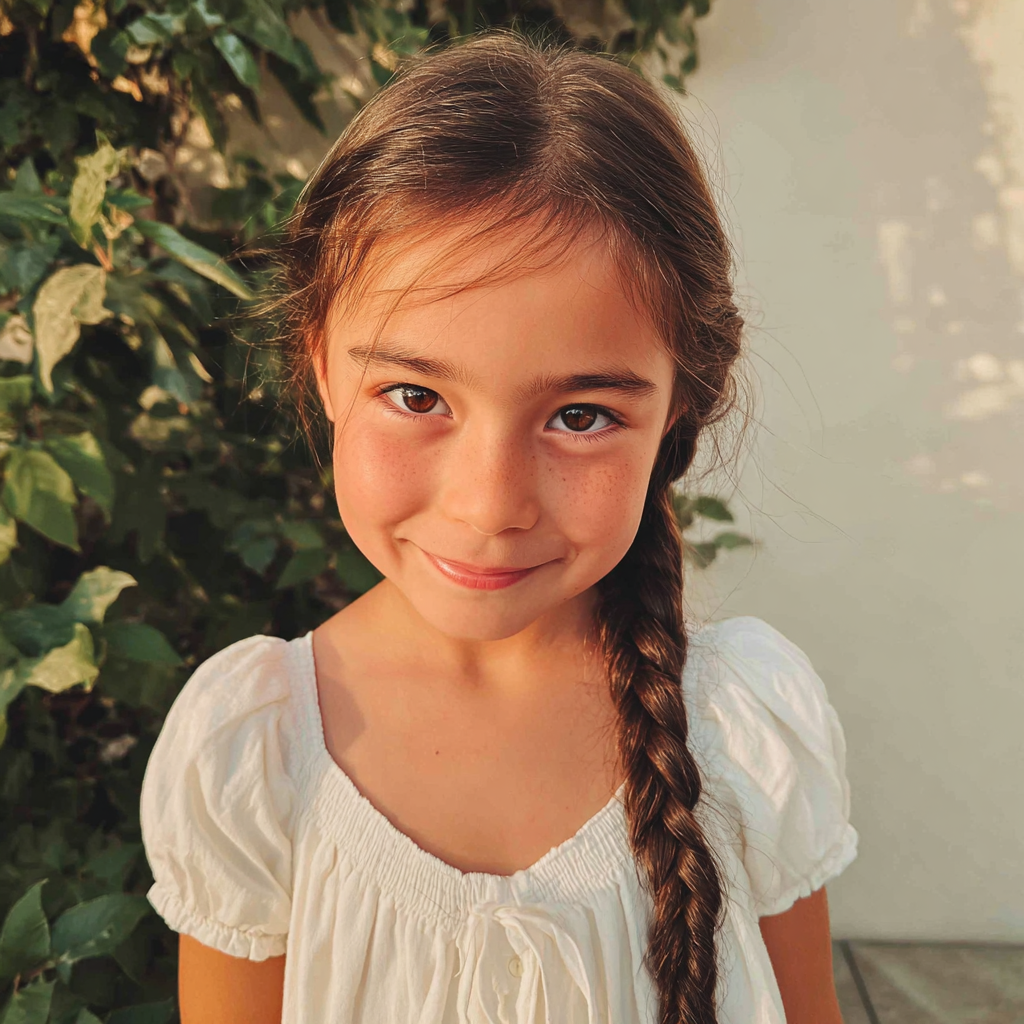 Une petite fille souriante portant une robe blanche | Source : Midjourney