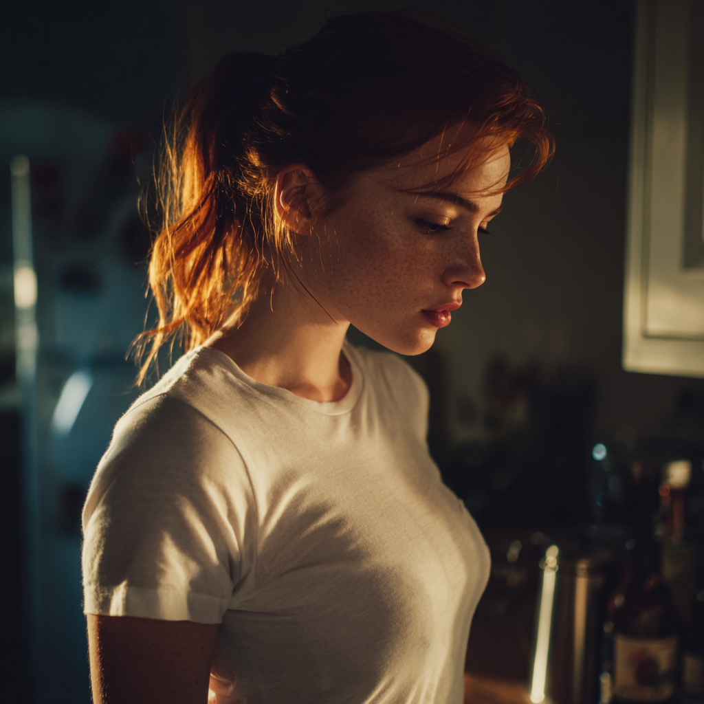 Une femme debout dans une cuisine, l'air préoccupé | Source : Midjourney