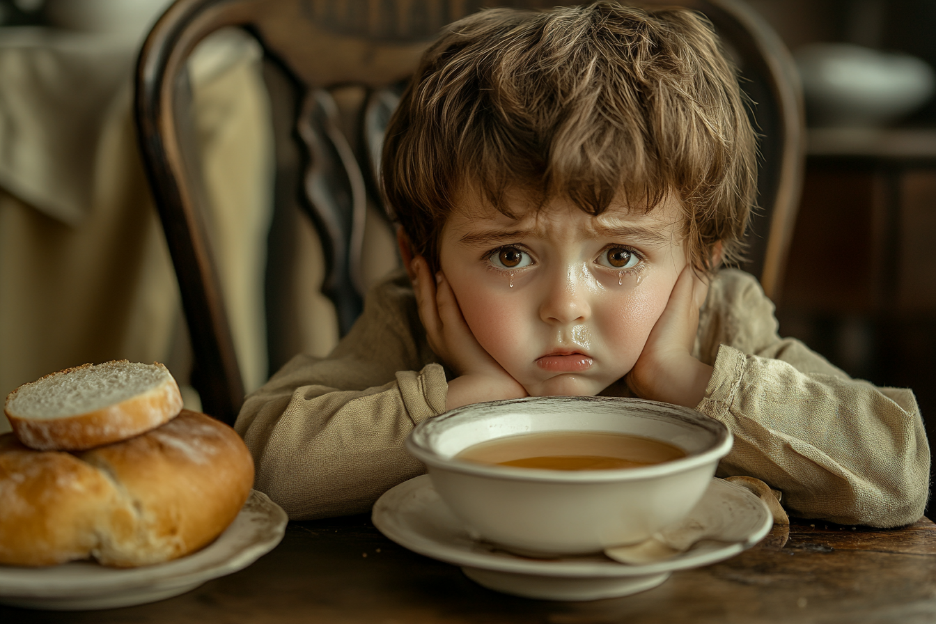 Un petit garçon aux yeux pleins de larmes assis à une table à manger | Source : Midjourney