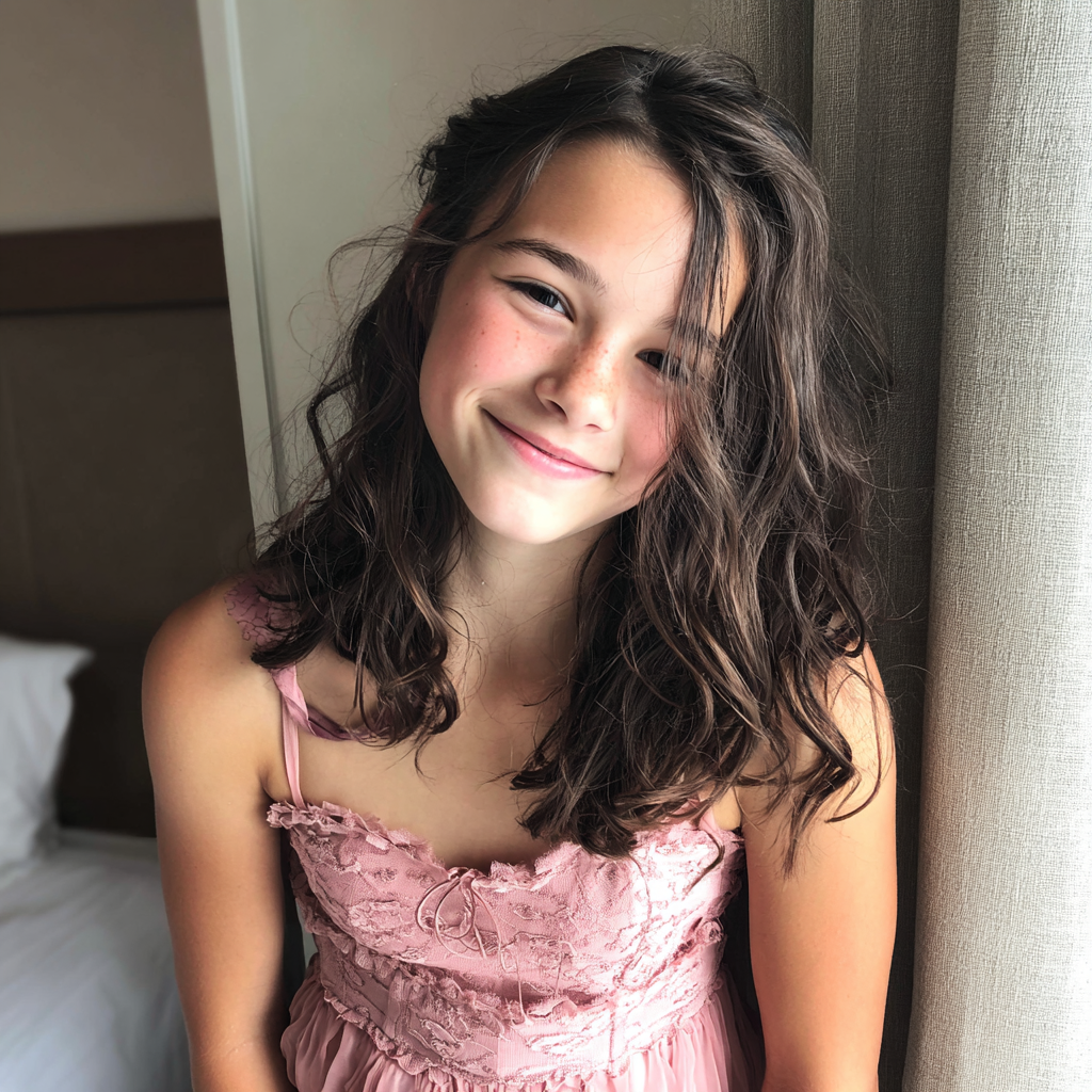 Une petite fille souriante dans une robe rose | Source : Midjourney
