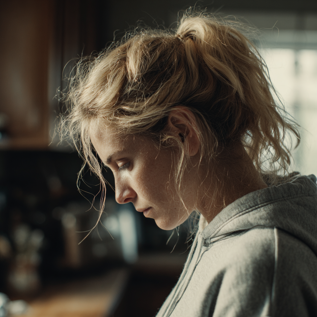Une femme inquiète se tient dans une cuisine | Source : Midjourney