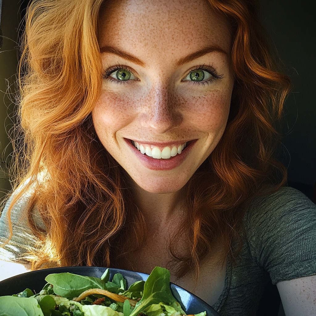 Une femme souriante tenant un bol de salade | Source : Midjourney