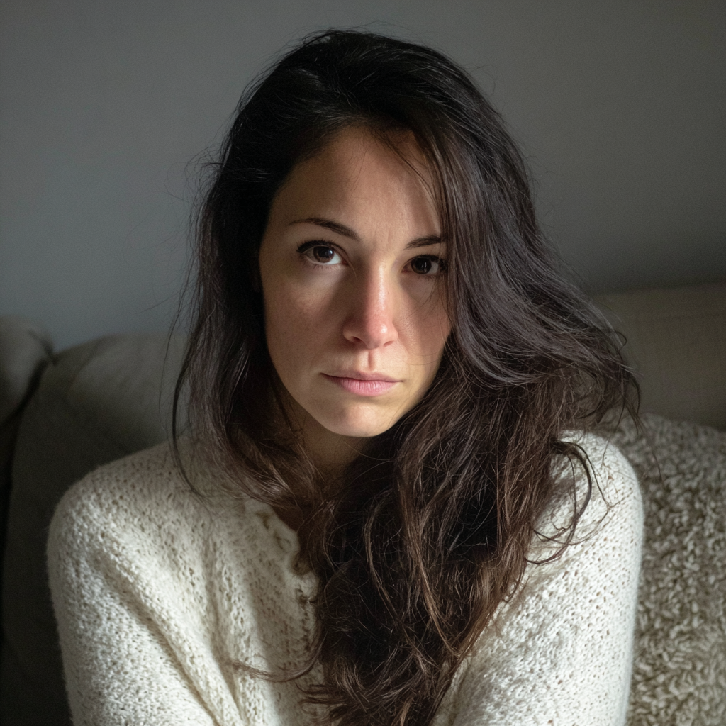 Une femme assise sur un canapé et portant un pull blanc | Source : Midjourney