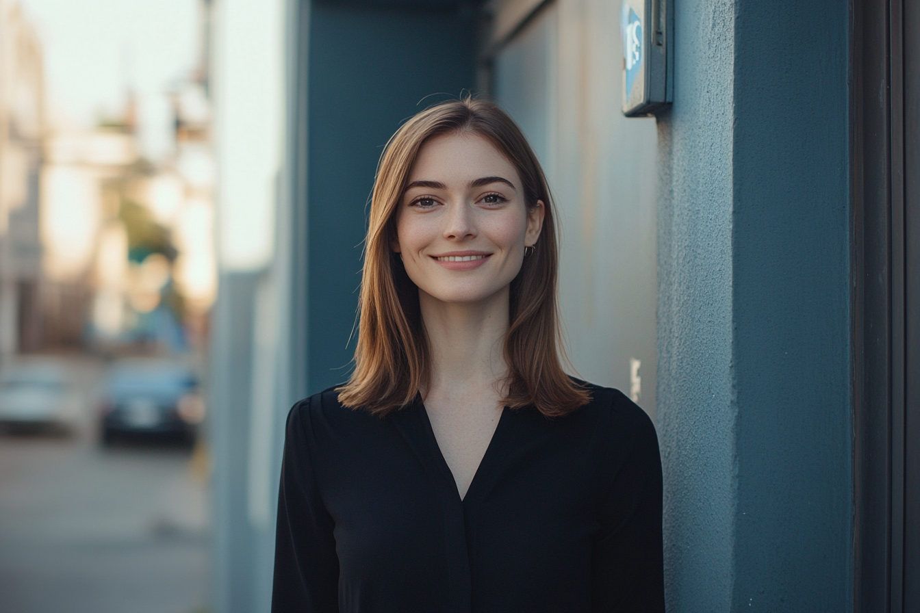Une femme souriant à l'extérieur d'un bâtiment bleu | Source : Midjourney