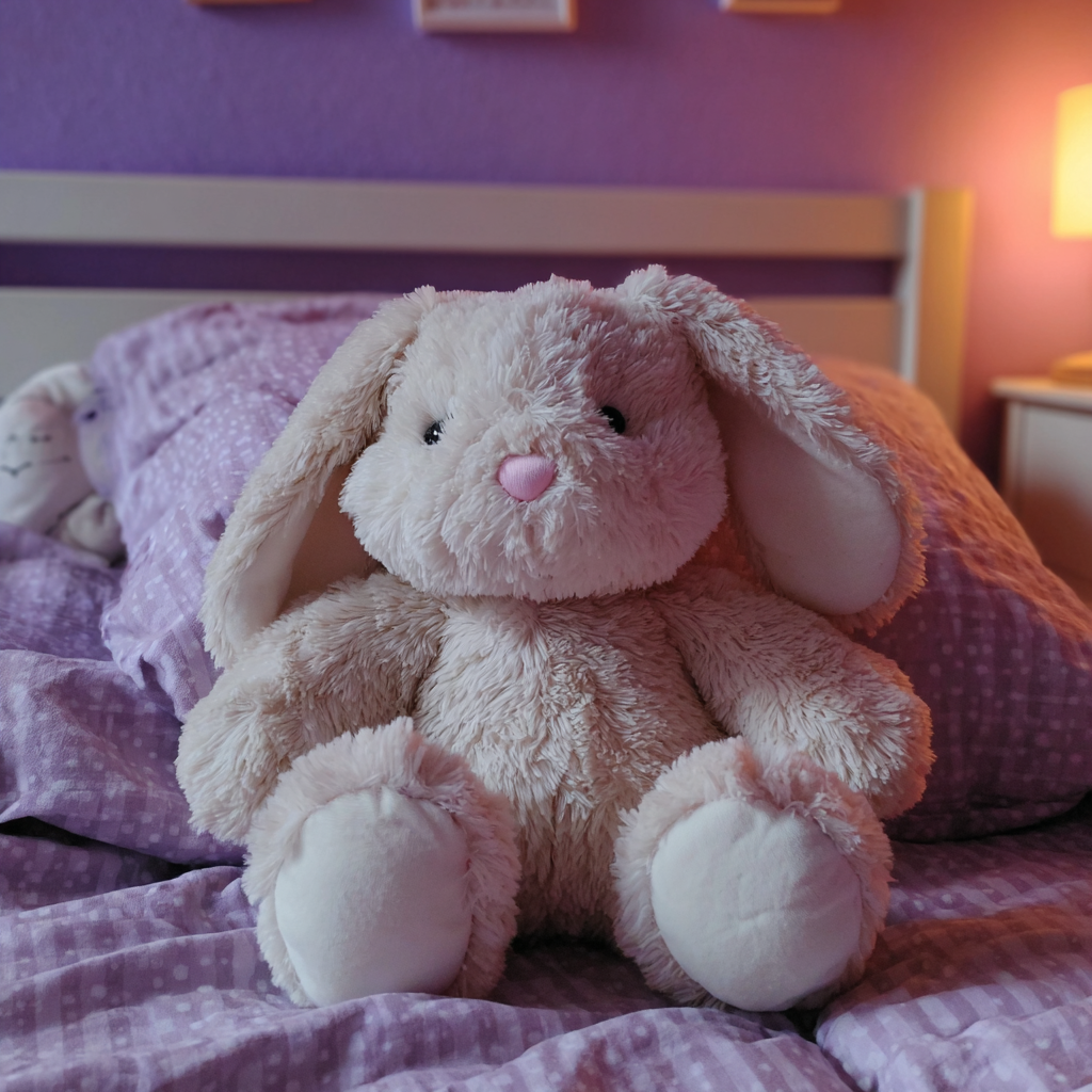 Un lapin en peluche sur un lit | Source : Midjourney