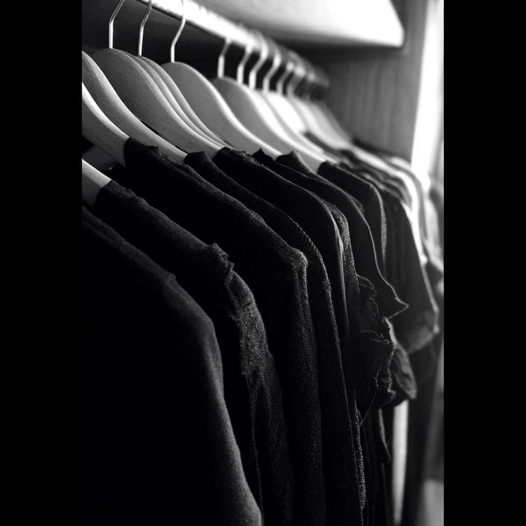 Une rangée de vêtements noirs dans un placard | Source : Midjourney