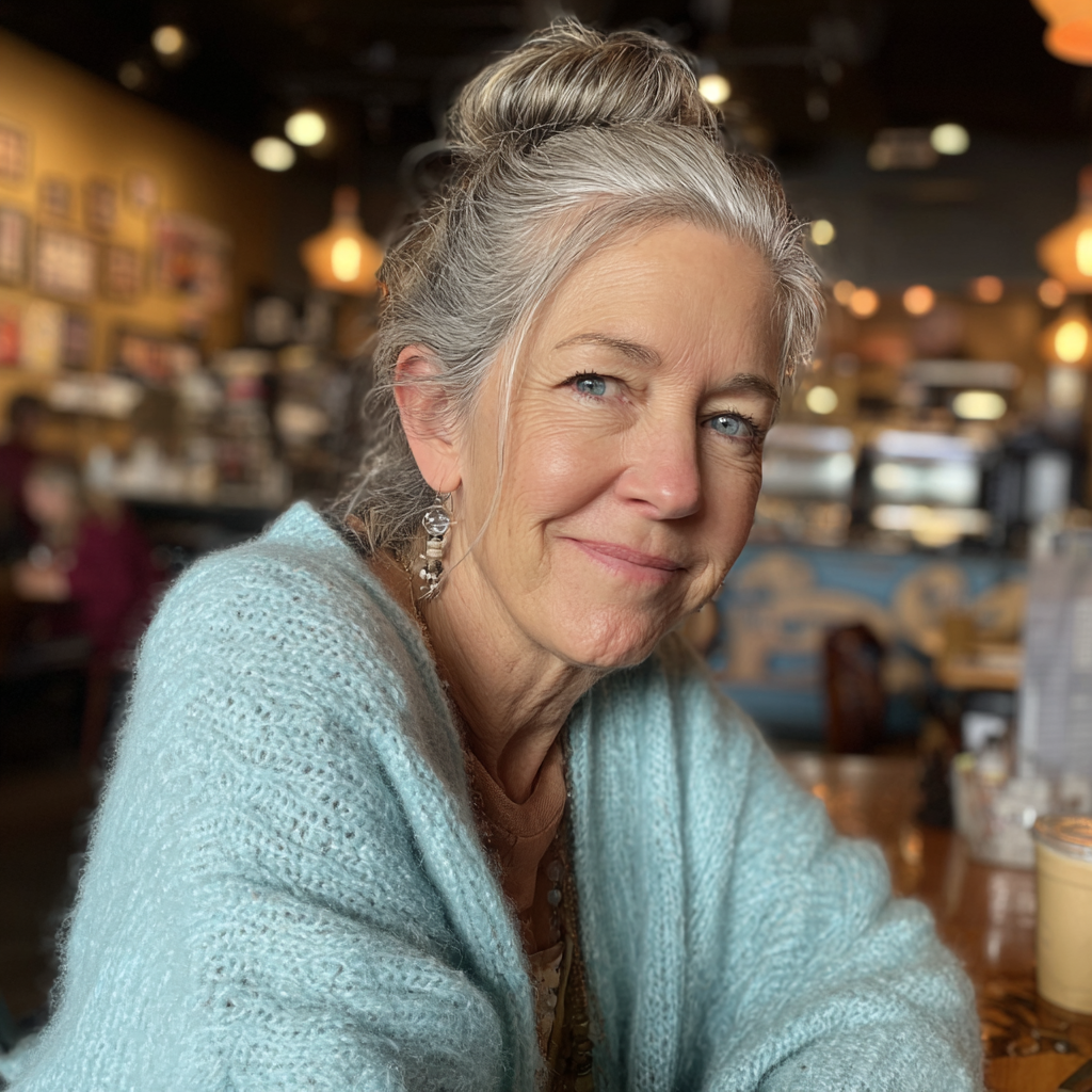 Une femme âgée souriante assise dans un café | Source : Midjourney