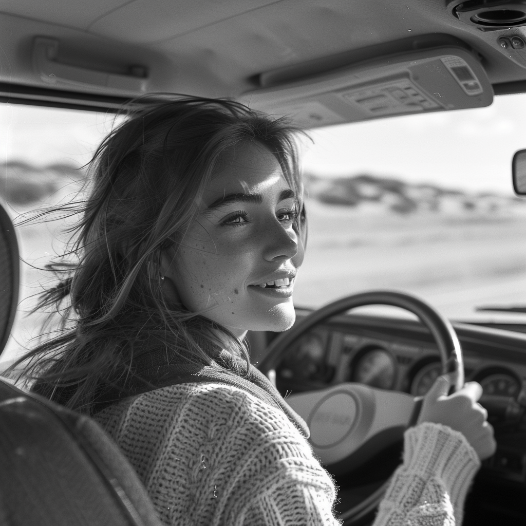 Photo en niveaux de gris d'une femme au volant qui sourit en regardant en arrière | Source : Midjourney