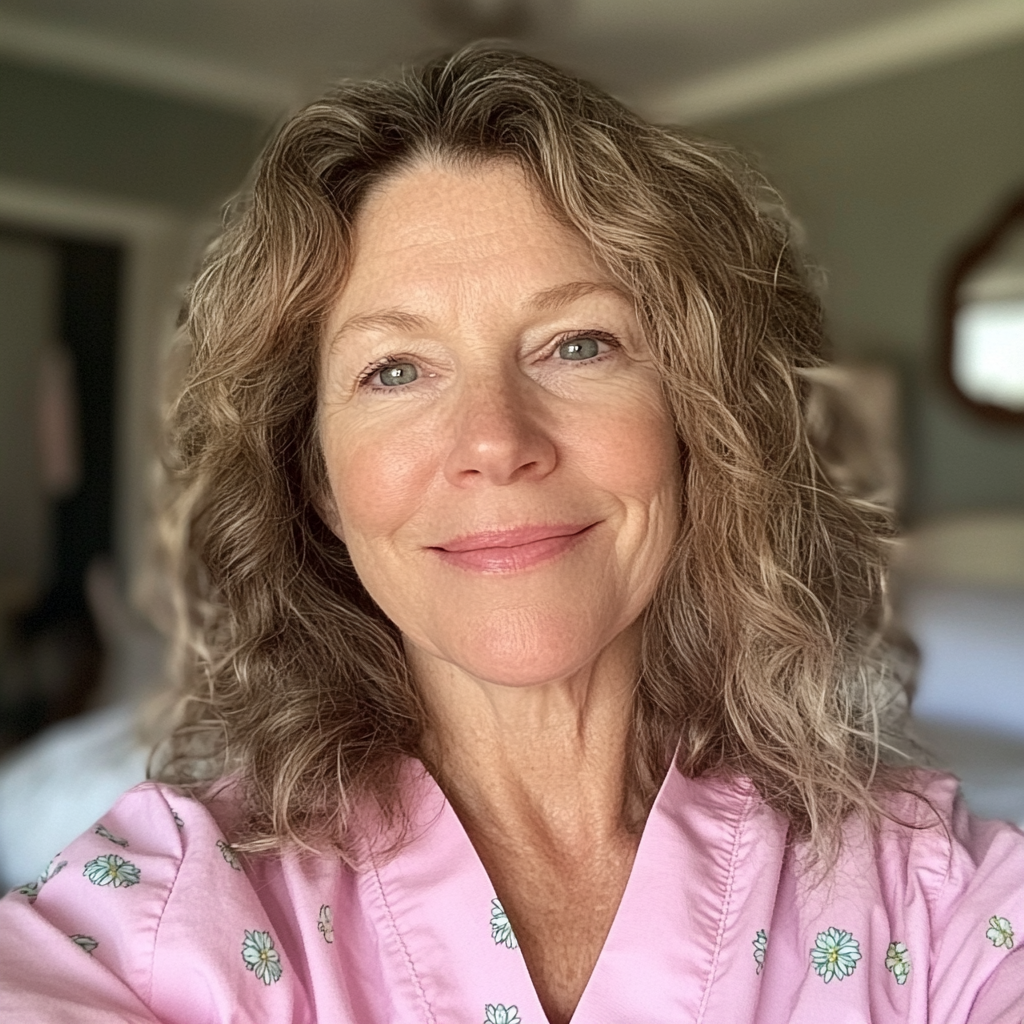 Une femme souriante portant une blouse rose | Source : Midjourney