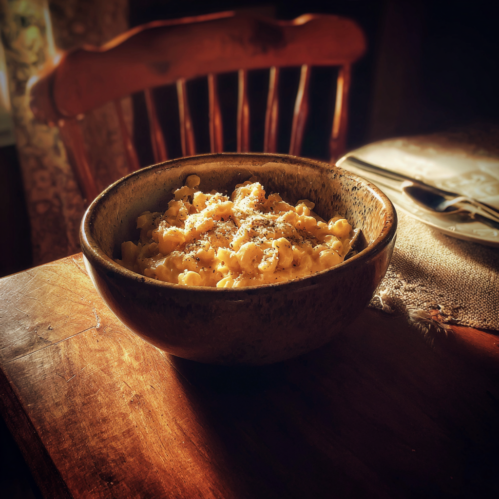 Un bol de macaronis au fromage sur une table | Source : Midjourney