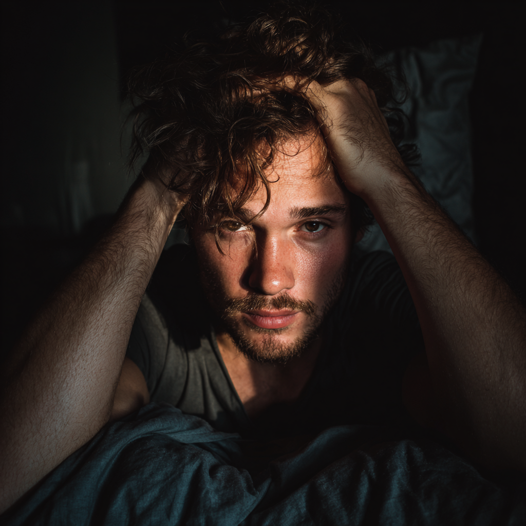 Un homme bouleversé assis dans son lit | Source : Midjourney